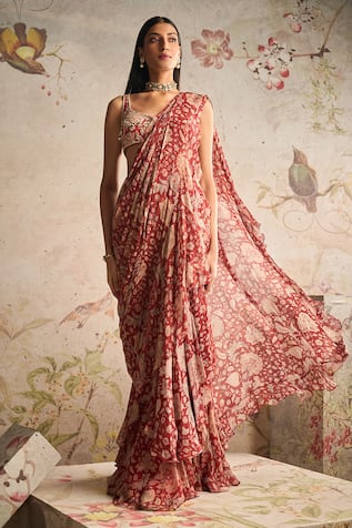 Ridhi Mehra Retro Printed Pre-Draped Saree With Blouse 