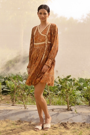 Buy Brown 100% Viscose V Neck Lace Work Split Sleeve Dress For Women by  Ritu Kumar Online at Aza Fashions.