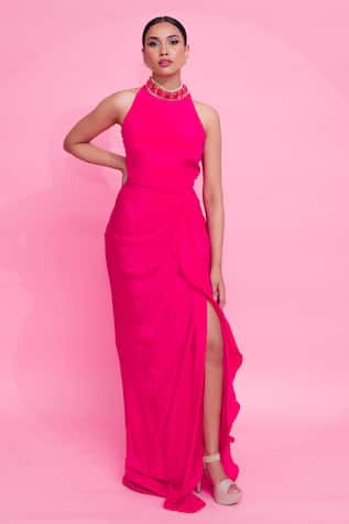Draped Gown With Embellished Belt 