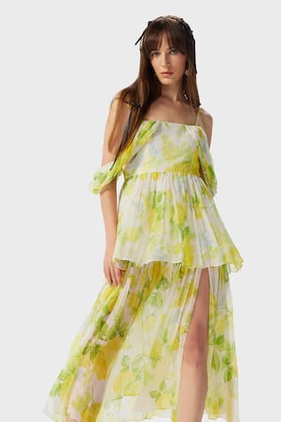 The Iaso Leaf Print Double-Layered Midi Dress 