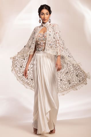 GEE SIN by Geetanjali Singh Embroidered Cape With Draped Skirt 