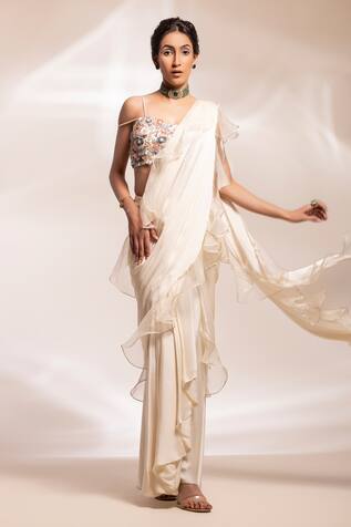 GEE SIN by Geetanjali Singh Pre-Stitched Ruffle Saree With Embellished Blouse 