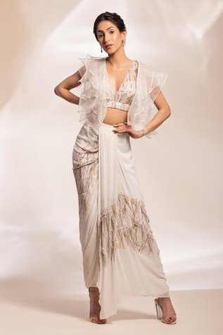 GEE SIN by Geetanjali Singh Embroidered Draped Skirt With Ruffle Jacket 