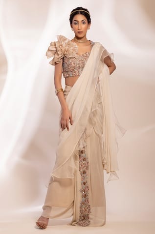 GEE SIN by Geetanjali Singh Pre-Stitched Ruffle Saree With Embroidered Blouse 