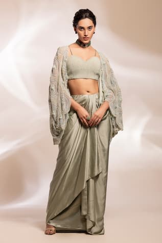 GEE SIN by Geetanjali Singh Circular Embroidered Cape With Draped Skirt Set 