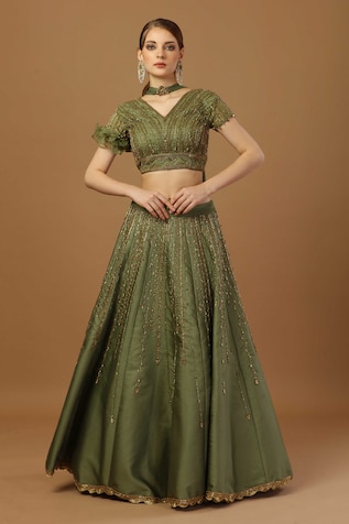 Green readymade banaras lehenga features jacquard design skirt, intricate  banaras dupatta & jacquard round neck crop top