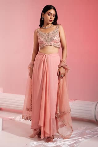 SWATI WADHWANI COUTURE Tasseled Embroidered Blouse Draped Skirt Set 