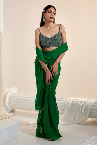 SWATI WADHWANI COUTURE Pre-Draped Tasseled Saree With Blouse 