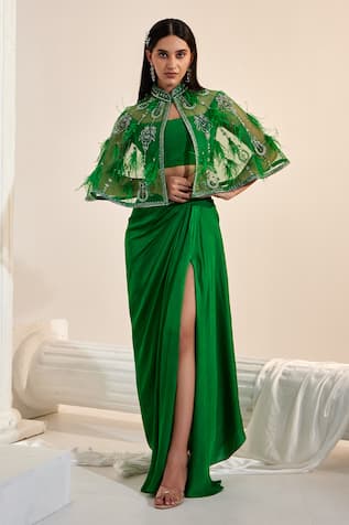 SWATI WADHWANI COUTURE Feather Embroidered Cape Skirt Set 