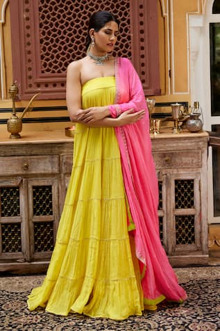 Nimbu Mirchi Gota Lace Embroidered Layered Tube Gown With Dupatta 