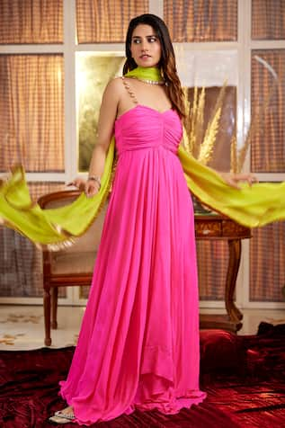 Nimbu Mirchi Gathered Bodice Gown With Dupatta 