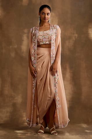 Niamh By Kriti Cutdana Floral Embroidered Border Cape Draped Skirt Set 