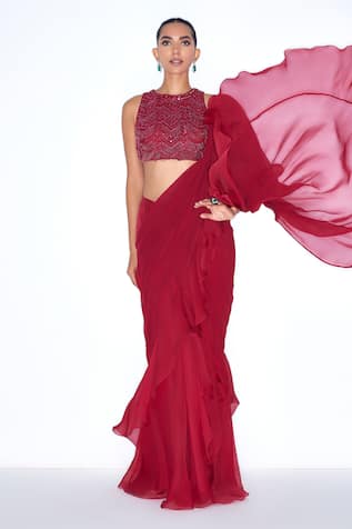 Niamh By Kriti Ruffle Pre Draped Saree With Embroidered Blouse 