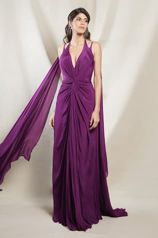 Brinda Sneha Iva Twisted Draped Trail Gown 