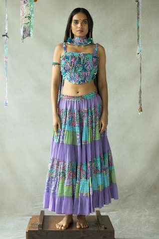Abstract Print Thigh-High Slit Lehenga Set 