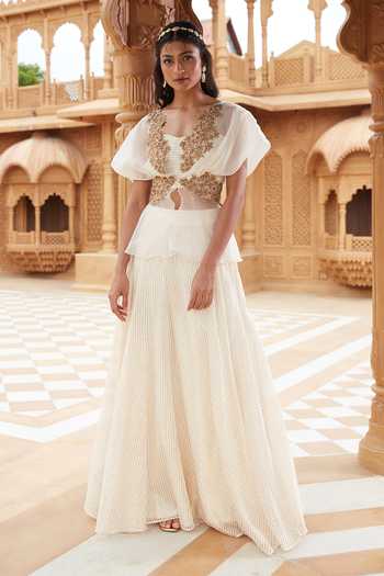 Chambray & Co. Chaand Embroidered Peplum Jacket Skirt Set 