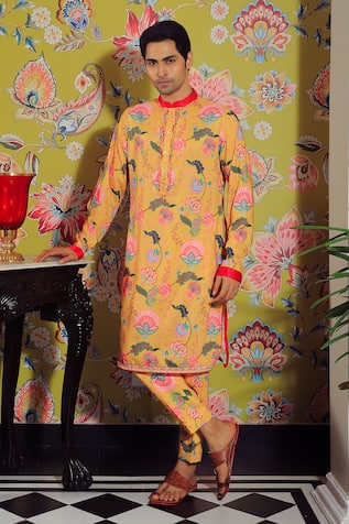 Yajy By Aditya Jain Silk Botanical Print Kurta Set 