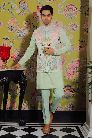 Yajy By Aditya Jain Floral Embroidered Bundi & Kurta Set 