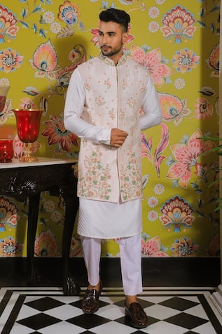 Yajy By Aditya Jain Floral Embroidered Kurta & Bundi Set 