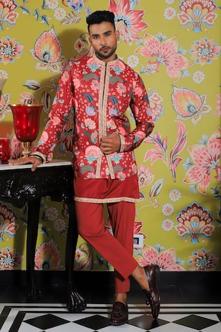 Yajy By Aditya Jain Flower Print Bundi & Kurta Set 