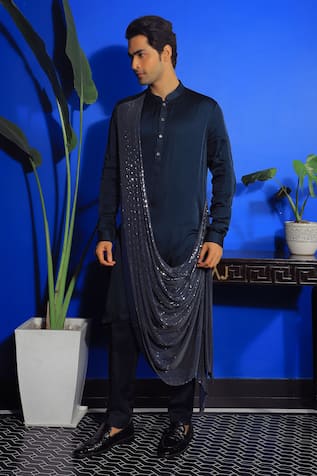 Yajy By Aditya Jain Sequin Embroidered Draped Kurta & Trouser Set 