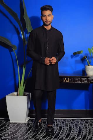 YAJY by Aditya Jain Cutdana Embroidered Placket Kurta & Trouser Set 
