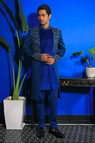 YAJY by Aditya Jain Geometric Nalki Embroidered Layered Sherwani With Trouser 