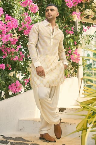 NAFS Chanderi Embroidered Pathani Kurta Set 