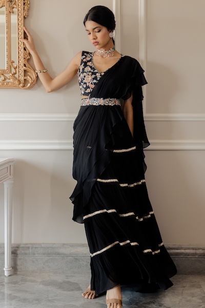 Aishwarya Rai Saree online shop, Blue georgette diwali saree, U neck blouse
