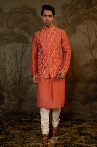 Darshika Menswear Geometric Embroidered Bundi Kurta Set 