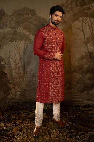 Darshika Menswear Silk Embroidered Kurta With Churidar 