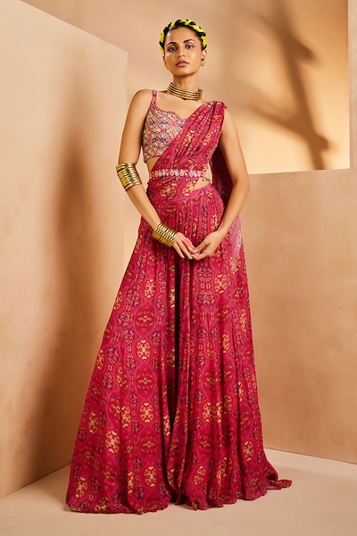 Buy Pink Satin Embellished Pre Draped Saree With Floral Cutdana Blouse For  Women by MEHAK SHARMA Online at Aza Fashions.