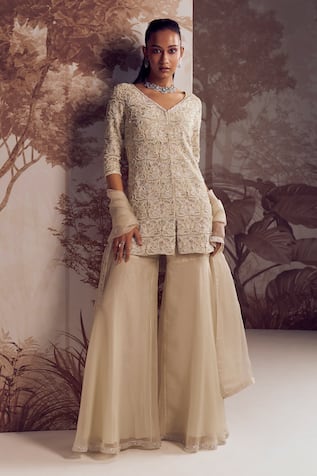 Sana Barreja Idra Pearl Floral Embroidered Jacket Gharara Set 