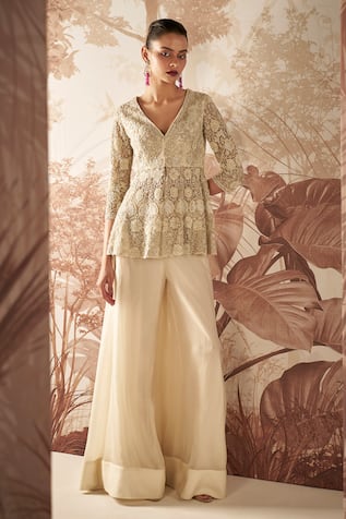 Sana Barreja Grace Pearl Jaal Embroidered Peplum With Sharara 