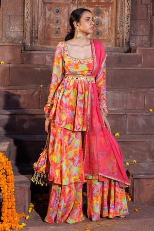 Elena Singh Amal Printed Peplum Top Gharara Set 