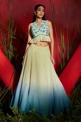 Sequin Floral Embroidered Crop Top With Skirt 