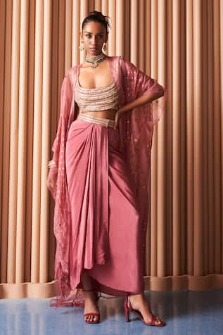 Rishi and Vibhuti Karl Embroidered Draped Skirt Cape Set 