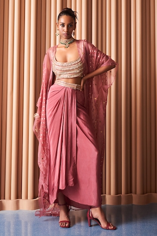 Rishi & Vibhuti Karl Embroidered Draped Skirt Cape Set