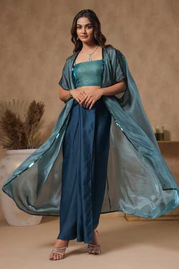B'Infinite Lagoon Placket Embellished Cape Skirt Set 