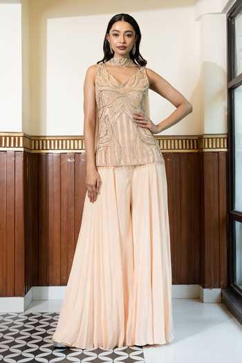 Mehak Sharma Peach Embroidered Kurta Sharara Set 