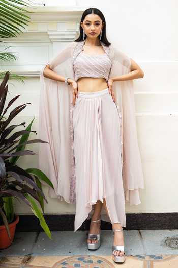 Mehak Sharma Floral Crystal Embellished Border Cape Draped Skirt Set 