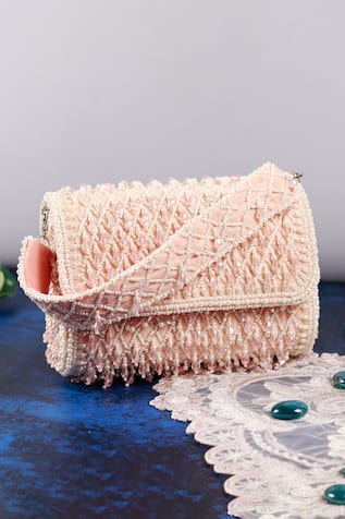 The Tan Clan Blush Flap Over Embroidered Clutch Bag 