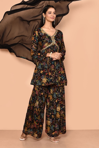 Adara Khan Floral Print Short Anarkali Sharara Set