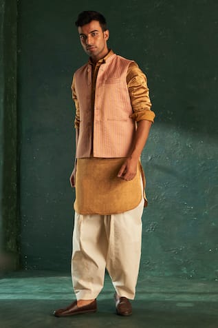 Silk Tissue Stripe Bundi Kurta Set 