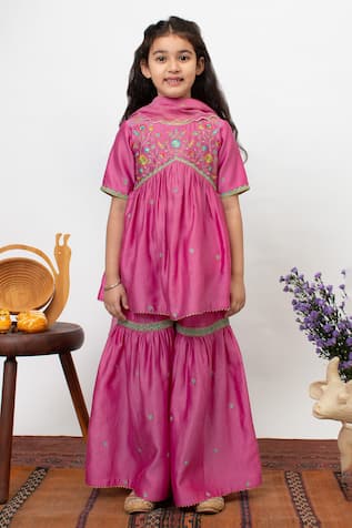 Boteh Chanderi Silk Floral Embroidered Anarkali Sharara Set 