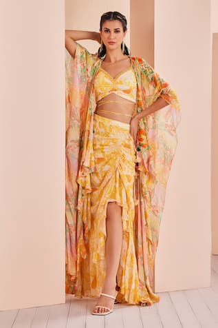 Mandira Wirk - Indian Fluorescent Yellow Cape Skirt Set 