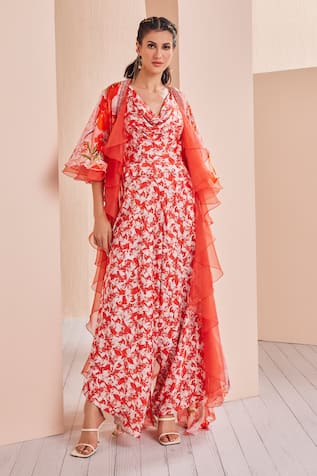 Mandira Wirk - Indian Floral Print Jumpsuit With Ruffle Cape 