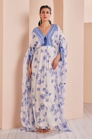 Mandira Wirk - Indian Periwinkle Floral Pattern Kaftan 