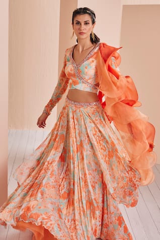 Mandira Wirk - Indian Printed Lehenga Set With Ruffle Dupatta 