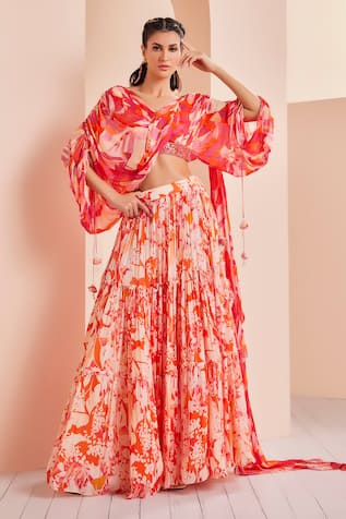 MANDIRA WIRK - Indian Printed Lehenga & Draped Blouse Set 
